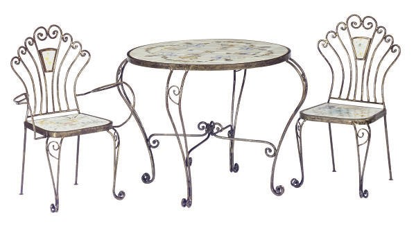 A PORTUGUESE TILE INSET WROUGHT-IRON ROUND TABLE TOGETHER WITH CHAIRS,