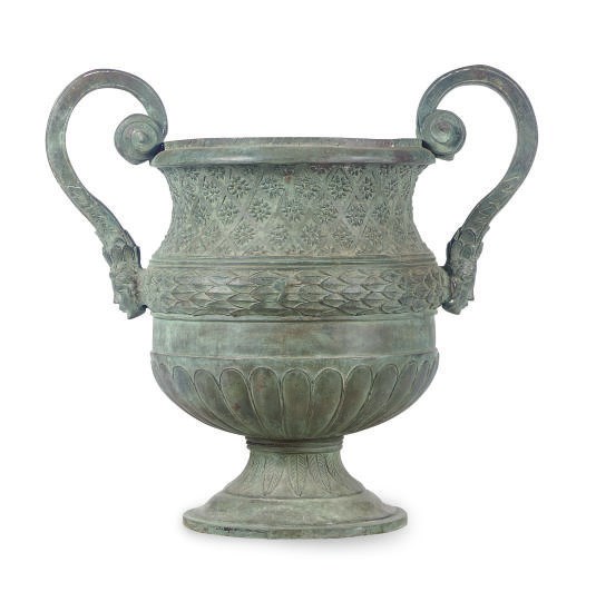 A VERDIGRIS BRONZE TWO-HANDLED GARDEN URN,