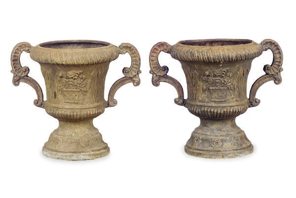 A PAIR OF TWO-HANDLED IRON GARDEN URNS,