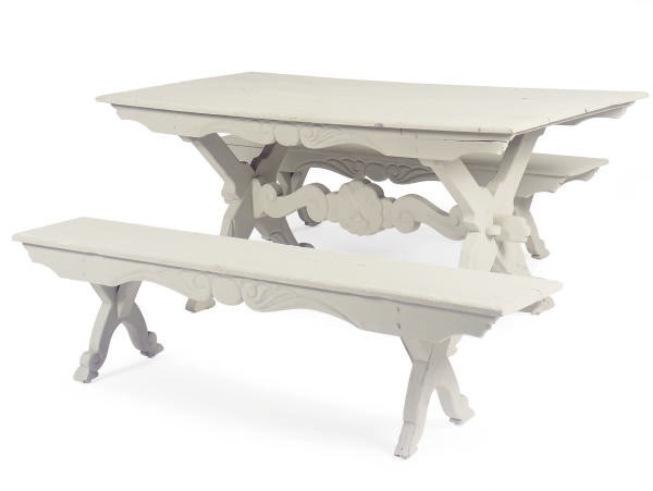 A TEAK RECTANGULAR TRESTLE TABLE AND TWO BENCHES TOGETHER WITH A SERVING TABLE,