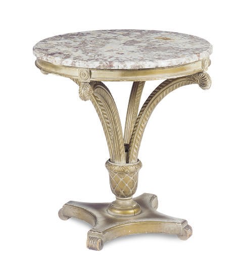 A GREY-PAINTED AND GILT-DECORATED MARBLE TOP CIRCULAR OCASSIONAL TABLE,