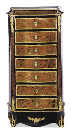 A NAPOLEON III ORMOLU-MOUNTED TORTOISESHELL, BRASS AND EBONIZED BOULLE MARQUETRY SEMAINIER**,