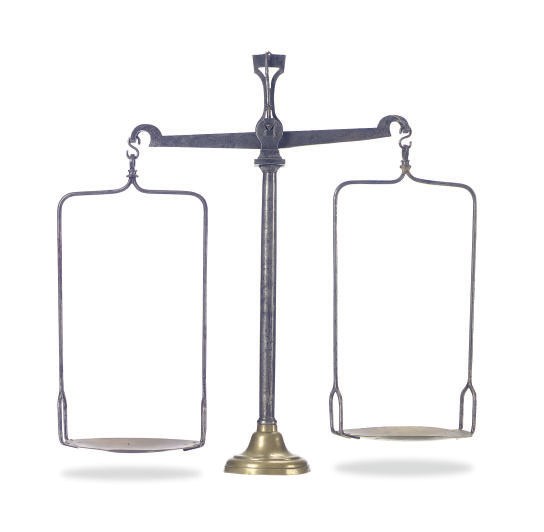 A STEEL AND BRASS SCALE,