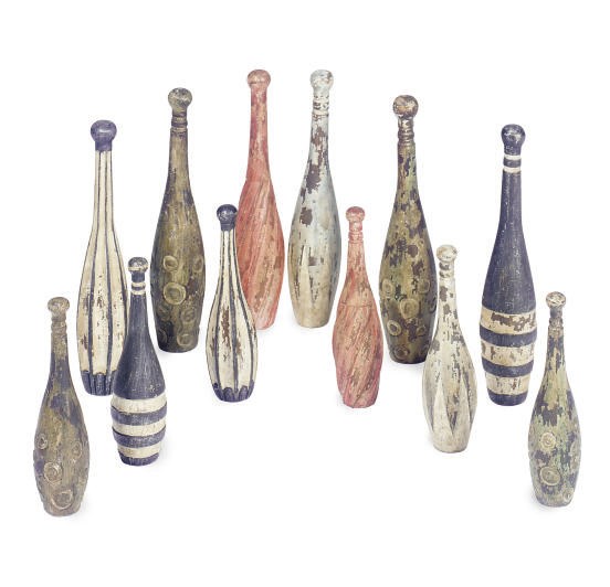 TWELVE PAINT-DECORATED PINS,