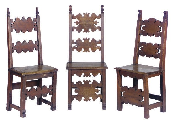 AN ASSEMBLED SET OF EIGTH SPANISH WALNUT AND CHESTNUT SIDE CHAIRS,
