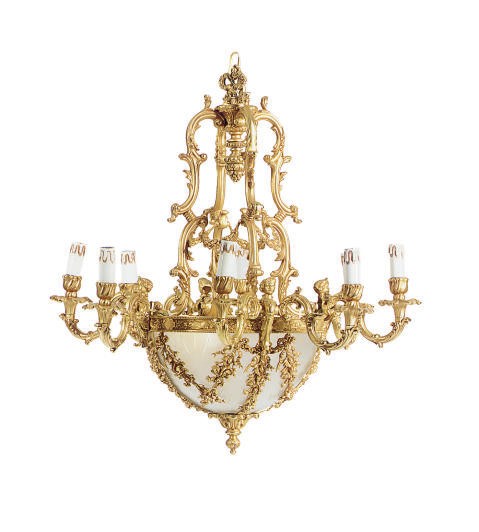 A GILT-BRONZE AND GLASS EIGHT-LIGHT CHANDELIER,
