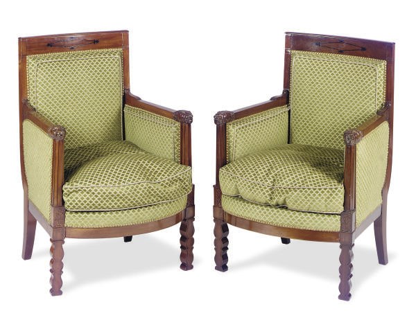 A PAIR OF FRENCH RESTAURATION MAHOGANY, PART-EBONIZED AND UPHOLSTERED BERGERES,