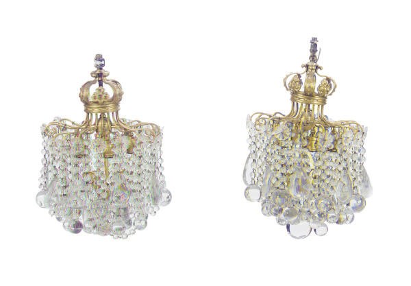A PAIR OF GILT-METAL AND CUT-GLASS CHANDELIERS,