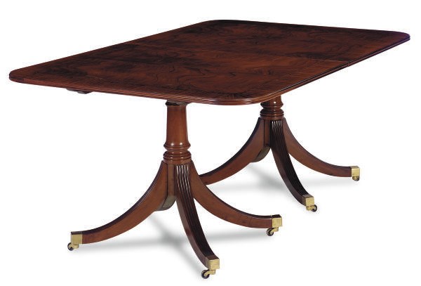 A MAHOGANY AND CROSS-BANDED DOUBLE-PEDESTAL DINING-TABLE,