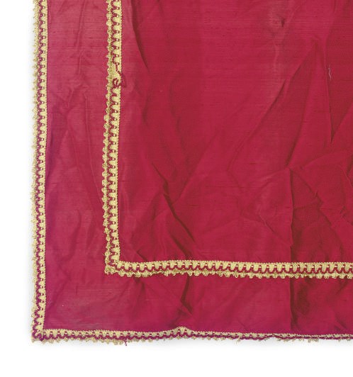 A GROUP OF RED SILK WOOL AND GOLD TASSEL CURTAINS,