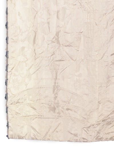 A GROUP OF CHAMAGNE DAMASK AND FOREST GREEN FRINGE TRIM CURTAINS,