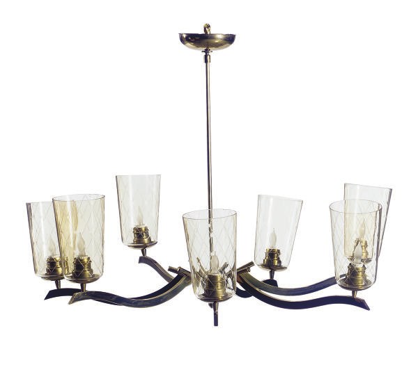 A BRASS AND ETCHED-GLASS SEVEN-LIGHT CHANDELIER,