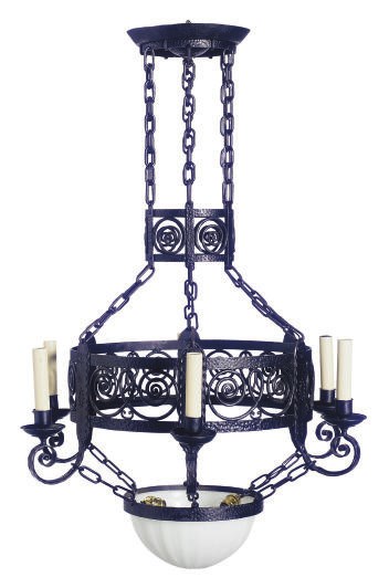 A WROUGHT-IRON AND FROSTED GLASS SIX-LIGHT CHANDELIER,