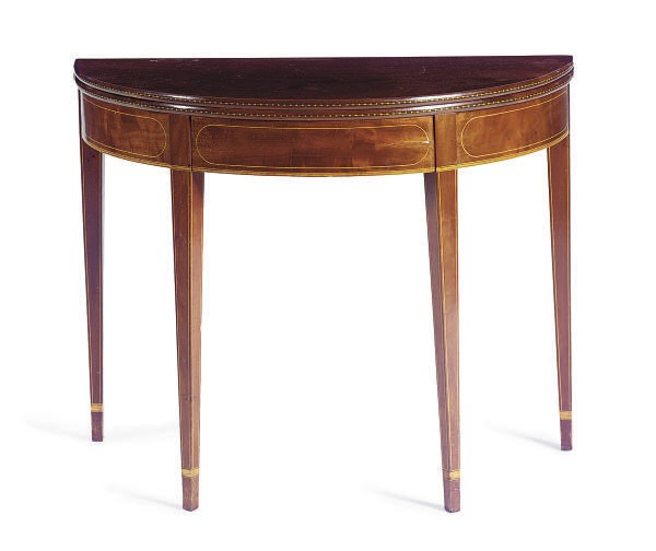 AN INLAID MAHOGANY DEMI-LUNE CARD TABLE,