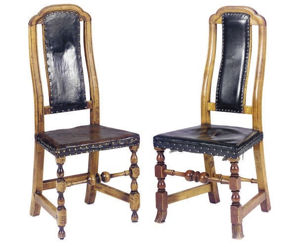 AN ASSEMBLED SET OF AMERICAN CROOKED MAPLE AND LEATHER SIDE CHAIRS,
