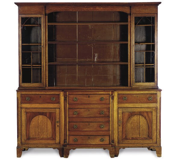 AN ENGLISH OAK AND MAHOGANY DRESSER,
