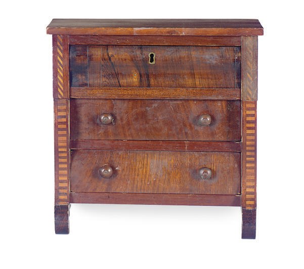 AN AMERICAN CLASSICAL INLAID MAHOGANY AND ROSEWOOD MINIATURE CHEST-OF-DRAWERS**,