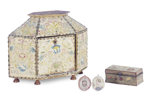 A CONTINENTAL EMBROIDERY COVERED HEXAGONAL BOX,
