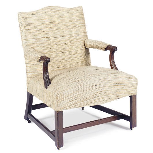 A MAHOGANY UPHOLSTERED LIBRARY CHAIR,