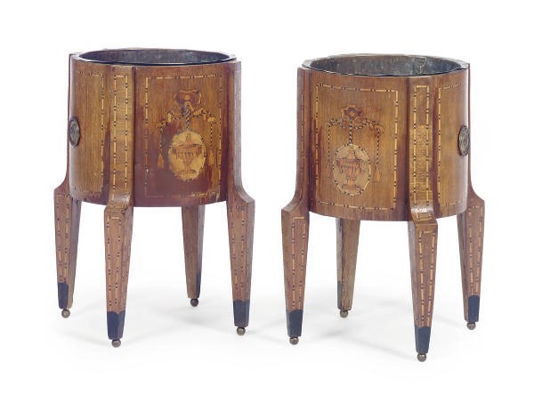 A PAIR OF DUTCH MAHOGANY, MARQUETRY AND PARQUETRY JARDINIERES,