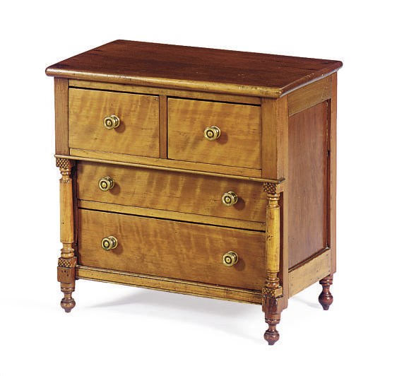 AN AMERICAN MAPLE, TULIP AND POPLAR MINIATURE CHEST-OF-DRAWERS,