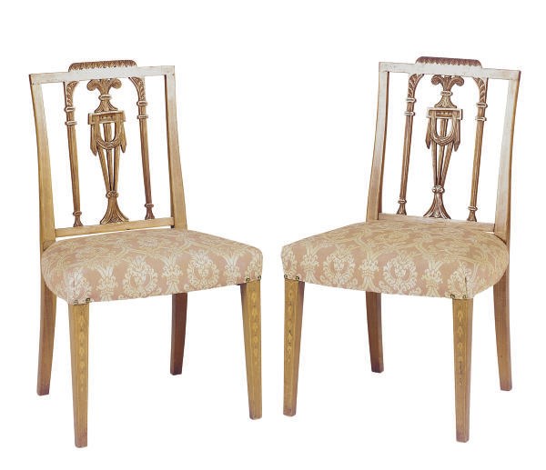 A SET OF EIGHT INLAID MAHOGANY DINING CHAIRS,