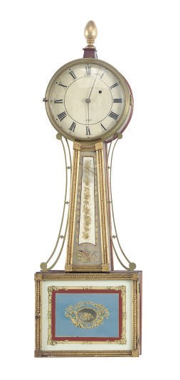 A FEDERAL MAHOGANY, GILTWOOD, AND EGLOMISE BANJO CLOCK,