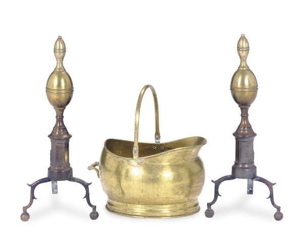 A PAIR OF BRASS AND STEEL ANDIRONS,