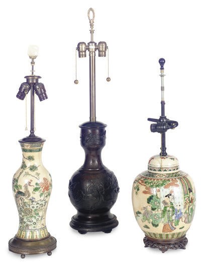 A JAPANESE BRONZE VASE, A SATSUMA BALUSTER VASE, AND JAR AND COVER,