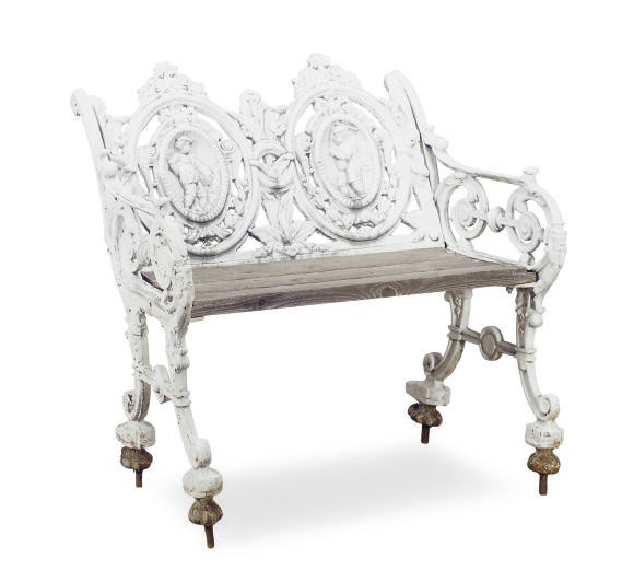 A WHITE-PAINTED CAST-IRON BENCH,