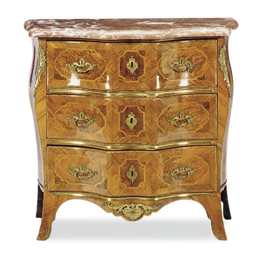 A SWEDISH ORMOLU-MOUNTED WALNUT AND TULIPWOOD MARBLE-T0P COMMODE,