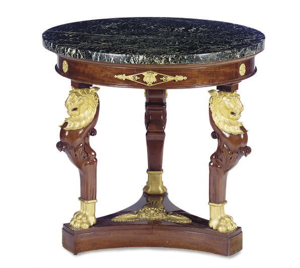 A FRENCH ORMOLU-MOUNTED MAHOGANY AND MARBLE TOP GUERIDON,
