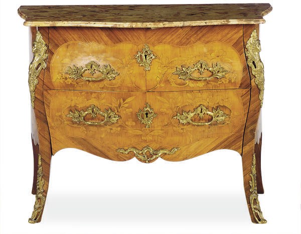 A FRENCH ORMOLU-MOUNTED ROSEWOOD, TULIPWOOD, AND BOIS SATINE MARQUETRY MARBLE TOP COMMODE**,