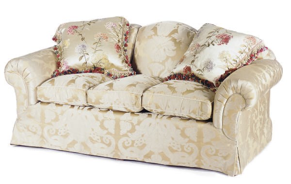 A PAIR OF BEIGE SILK DAMASK UPHOLSTERED SOFAS,