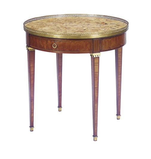 A FRENCH GILT-METAL MOUNTED FRUITWOOD AND TULIPWOOD PARQUETRY BOUILLOTE TABLE,