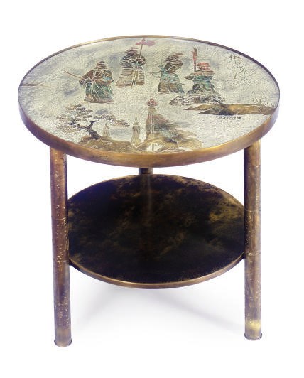 AN ETCHED AND PATINATED METAL TWO-TIER CIRCULAR OCASSIONAL TABLE,