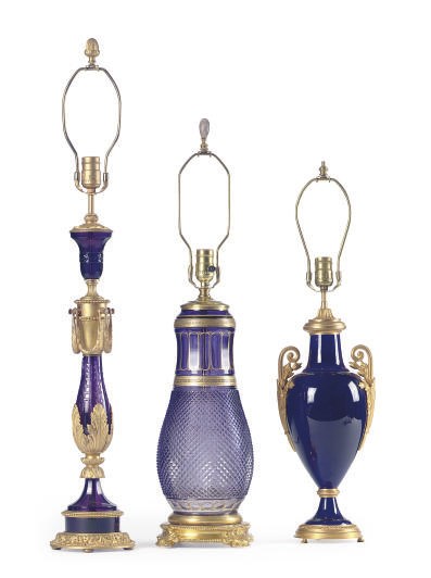 TWO ORMOLU-MOUNTED AMETHYST GLASS TABLE LAMPS,