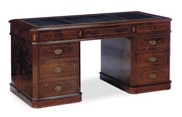 AN INLAID MAHOGANY DOUBLE-PEDESTAL DESK,