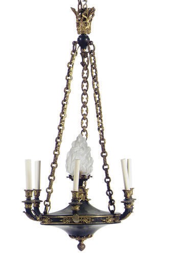 A PATINATED, GILT-METAL AND FROSTED-GLASS SIX-LIGHT CHANDELIER,