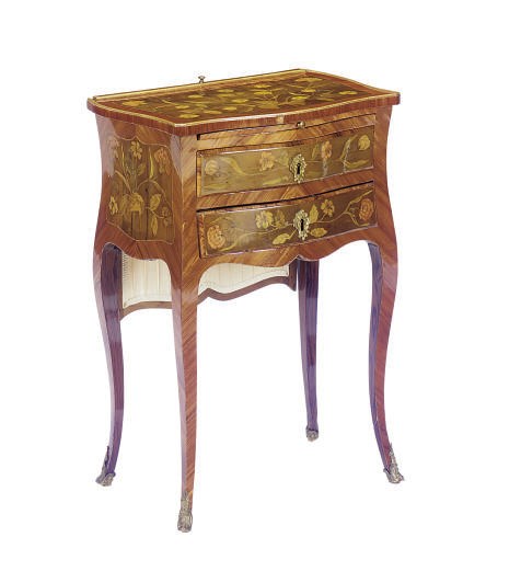 A LOUIS XV TULIPWOOD, SYCAMORE AND FLORAL MARQUETRY SERPENTINE BOMBE TABLE A ECRIRE**,
