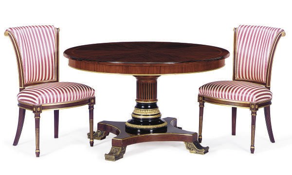 AN INLAID MAHOGANY, EBONIZED, AND PARCEL-GILT CIRCULAR BREAKFAST TABLE,