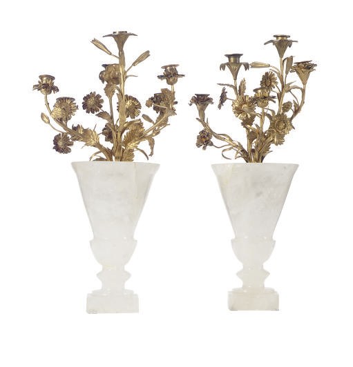 A PAIR OF ROCK CRYSTAL GILT-METAL FLOWERING URN CANDELABRA,