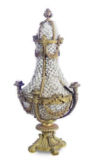 A GILT-METAL MOUNTED GREEN ONYX AND CUT-GLASS TORCHERE-ON-PEDESTAL STAND,
