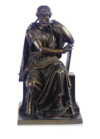 A PATINATED BRONZE FIGURE OF A SEATED ROMAN MAN,