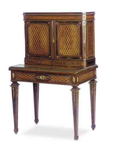 A FRENCH GILT-METAL MOUNTED AMARANTH, BIRD'S EYE MAPLE AND PARQUETRY BONHEUR DU JOUR,