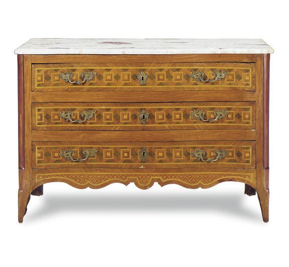 A CONTINENTAL MAHOGANY, FRUITWOOD AND PARQUETRY MARBLE TOP COMMODE,