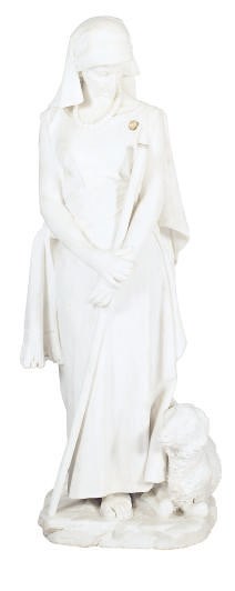 AN ITALIAN ALABASTER FIGURE OF A SHEPHERDESS WITH LAMB,