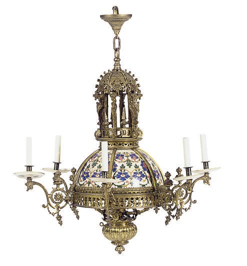 A GILT-METAL AND PORCELAIN SIX-LIGHT CHANDELIER,