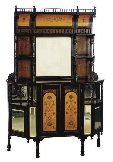 AN ENGLISH AESTHETIC MOVEMENT EBONIZED, BURR ELM, AND MARQUETRY SIDE CABINET,