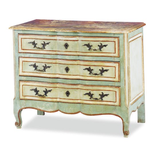 A POLYCHROME-PAINTED FAUX MARBLE SERPENTINE COMMODE,